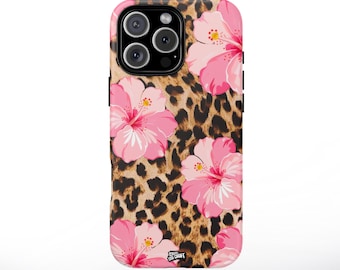 Leopard - Pink Hibiscus Tough Phone Case, Tropical Floral Animal Print, Durable Protective Cover for iPhone & Samsung, Trendy Gift Idea