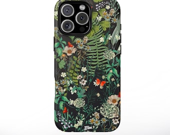 Forest Ferns Phone Case, Botanical Aesthetic Collage, Snap Case or Tough Protective Cover for iPhone-Samsung, Dark Green Nature, Plant, Fern
