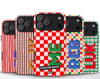 Funda personalizada para móvil con inicial navideña, diseño a cuadros, compatible con iPhone 17/16/15/14/13/12 Pro Max XR, Galaxy S24/S23/S22/S21 Ultra y Google Pixel 9/Pro.
