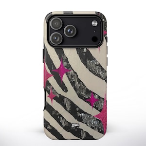 Telefoonhoesje met pailletten en zebraprint, glamoureuze dierenprint, trendy Y2K schattige coole meid, retro donker, iPhone 17 16 Pro Max, Samsung S26 Ultra, Google Pixel 10