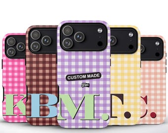 Funda personalizada con inicial y estampado de cuadros vichy, color marrón espresso, compatible con iPhone 17/16/15/14/13 Pro Max XR, Galaxy S24/S23/S22/S21 Ultra y Google Pixel.