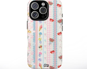 Etui na telefon z kolażem kwiatów w kolorze rumieńców, kokardka kokietka, romantyczna mieszanka kwiatów, trwała osłona ochronna na iPhone'a 16 i Samsunga S22, szykowny pomysł na prezent