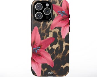 Hand-Painted Lily Flower Tough Phone Case, Leopard Print, Summer Flowers, Orchids & Lilies, iPhone 16/15/14 Pro Max, Galaxy S23/S22/ Ultra