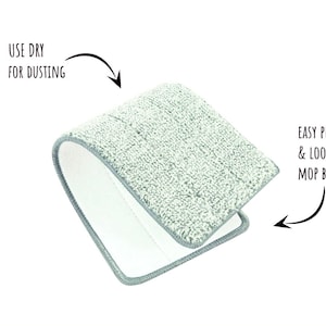 May include: A gray microfiber mop pad with a white backing. The pad has a hook and loop attachment for easy use with a mop base. The text "USE DRY FOR DUSTING" is written on the image.
