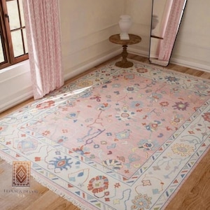 Elegant Hand-Knotted Pink Oushak Rug - Antique-Style Contemporary Design, Available in 4x6, 5x8, 6x9, 8x10, 9x12, 10x14 ft | Living Room Rug