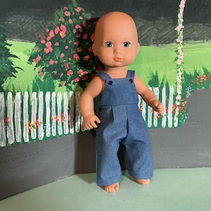 Denim Overalls with red checked lining fits like American Girl 13” Bitty Baby Splash