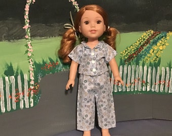 Handmade Doll Pajamas: Light Blue Floral, Fits 14.5" Wellie Wisher