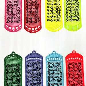 May include: Nine colorful rectangular tags with rounded corners and a decorative border. Each tag features a multiplication table for the numbers 2 through 9. The tags are pink, red, yellow, green, blue, light blue, and red.