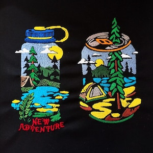 May include: Embroidered design on black fabric featuring two illustrations of a water bottle and a can, both depicting a camping scene with a tent, trees, and a lake. The text "NEW ADVENTURE" is embroidered below the illustrations.