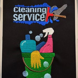 May include: Embroidered design on black fabric featuring the words "Cleaning Service" in white and blue. A bucket with cleaning supplies, including a spray bottle, a bottle, and a yellow glove, is also shown.