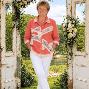 May include: A coral-coloured button-down shirt featuring white lace trim and floral patterned fabric inserts on the front and collar, paired with white trousers and white trainers. The shirt has three-quarter length sleeves and a pointed collar.