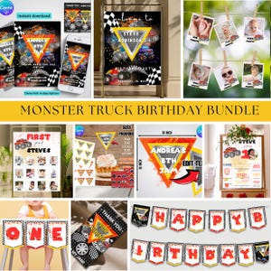Bearbeitbare Monstertruck Geburtstagseinladung Bundle-Vorlage Monstertruck Benutzerdefinierte Willkommensschild Safari Etikett Safari Party Dekor