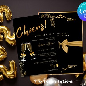 Silvester Party Einladung Vorlage Bearbeitbar Gold NYE Einladen Canva Printable Sofort Download