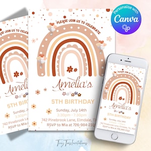 Rainbow Birthday Invitation for Girls, floral Modern/Boho Rainbow, Fun Girls Birthday Invitation Template, Editable Printable Download