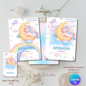 Editable Unicorn Birthday Invitation Template, Unicorn Birthday Invitation, Unicorn Thank you tags