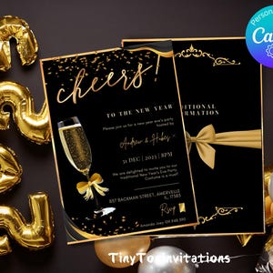 Silvester Party Einladung Vorlage Gold Bearbeitbar NYE Party Einladen Druckbare Canva Sofortiger Download
