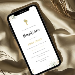 Editable Electronic Baptism Invitation Template Greenery Baptism Invite Christening Evite Digital Baptism Invite, Baptism Phone Invite