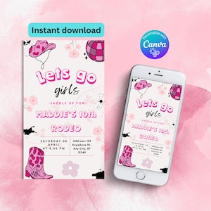 Editable Cowgirl Birthday Invitation: Hot Pink Disco Rodeo (Canva Template)