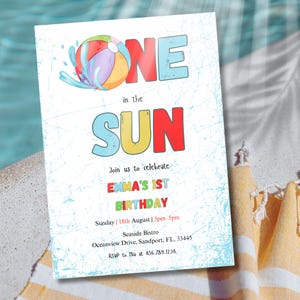 EDITABLE One In The Sun 1st Birthday Party Invitation Beach Ball Summer Splish Splash Boy 1st Birthday Pool Party Instant Download