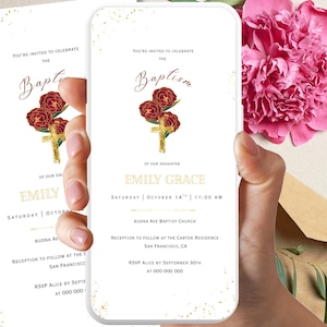 Editable Electronic Baptism Invitation Template Greenery Baptism Invite Christening Evite Digital Baptism Invite, Baptism Phone Invite