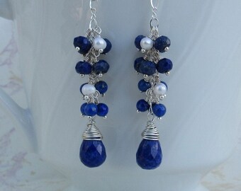 Lapis Lazuli Earrings- with Pearls, Sterling Silver