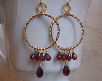 Garnet Hoop Earrings- Gold Filled, Twisted Rings