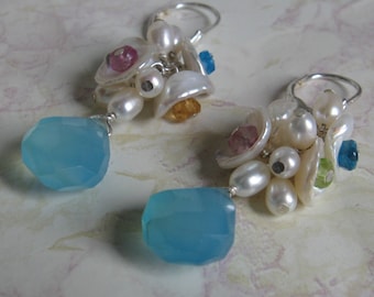 Keshi Bloom Design- Earrings, Pearl Cluster, Chalcedony, Peridot, Apatite, Pink Topaz, Hessonite Garnet, Silver