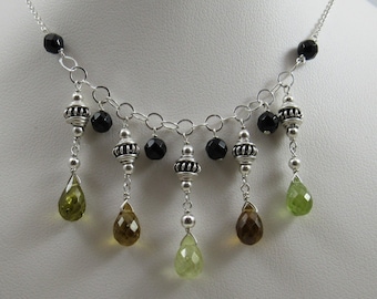Green Garnet Necklace- Silver, Onyx, Bib Design