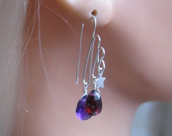 Garnet Amethyst Earrings with Silver Stars, Hammered Wire