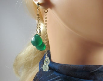 Front Back Earrings- Green Onyx, Moss Agate, Gold Filled