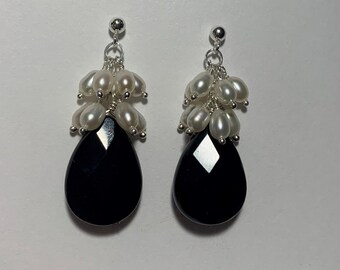 Onyx Pearl Earrings, Cluster Posts