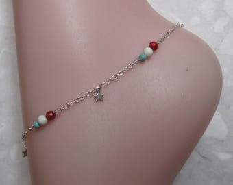 Turquoise Coral Star Anklet - Sterling Silver