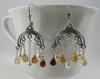 Silver Chandelier Earrings- Hessonite Garnets, Pearls, Rainbow Design