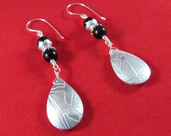 Silver Teardrop Earrings- Onyx, Textured Metal- Metalwork