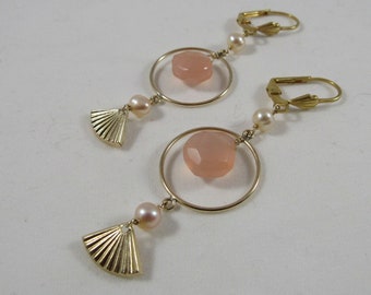 Fan Drop Earrings- Pink Chalcedony, Freshwater Pearls, Gold Filled