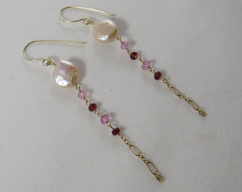 Freshwater Pearl Earrings- Garnet, Pink Topaz, Gold Filled