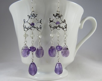 Amethyst Chandelier Earrings- Silver, Green Amethyst