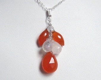 Carnelian Moonstone Necklace- Silver, Drop necklace