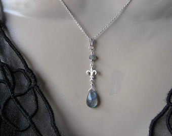 Labradorite Drop Necklace- Silver, Fleur de Lis Design