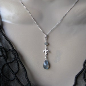 Labradorite Drop Necklace- Silver, Fleur de Lis Design
