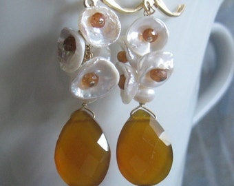 Keshi Bloom Design- Earrings, Pearl Cluster, Chalcedony, Hessonite Garnet, Gold Filled