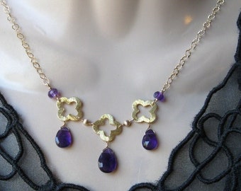 Amethyst Clover Necklace- Gold Filled, Trio of Gemstones