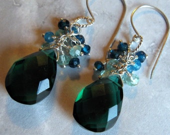 Quartz Cluster Earrings- Silver, Apatite, Peacock Green Quartz