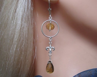 Silver Citrine Earrings with Fleur De Lis