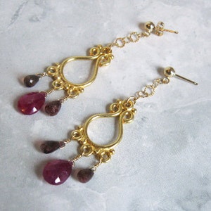 Pink Sapphire Earrings- Tourmaline, Gold Filled, Chandelier