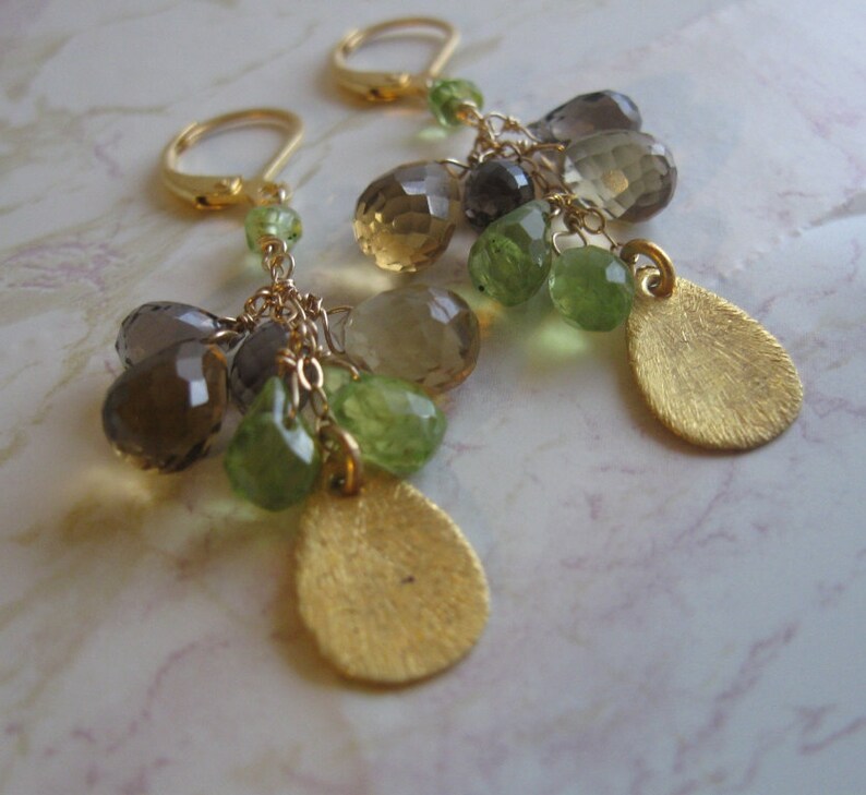 Gold Filled Quartz Cluster Earrings- Peridot Smoky Quartz Beer Quartz