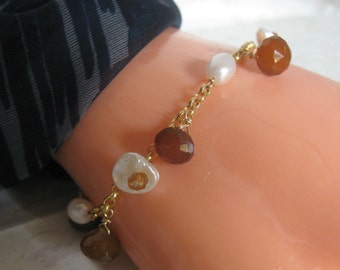 Keshi Bloom Design- Charm Bracelet with Pearl, Chalcedony & Hessonite Garnet, Gold Filled