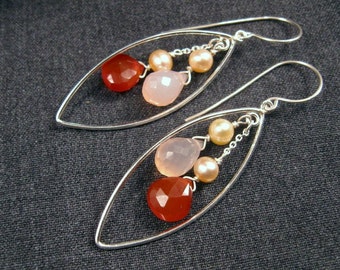 Chalcedony Pearl Earrings- Silver Hoops, Pink & Red Gemstones, Blush Pearls