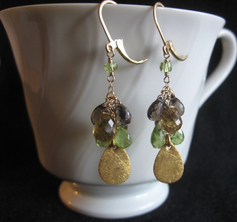 Gold Filled Quartz Cluster Earrings- Peridot Smoky Quartz Beer Quartz