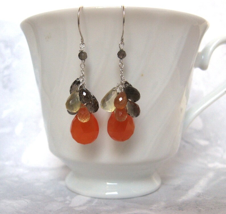 Carnelian Cluster Earrings Silver, Lemon & Smoky Quartz, Hessonite Garnet image 1